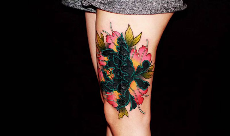 蜈蚣疤痕遮盖纹身图片_腿部New School纹身图案