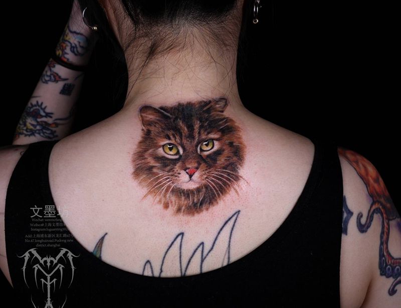 猫纹身图片_颈部背部欧美写实纹身图案