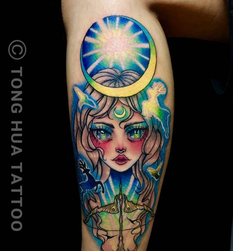 月亮女神纹身图片_腿部New School纹身图案