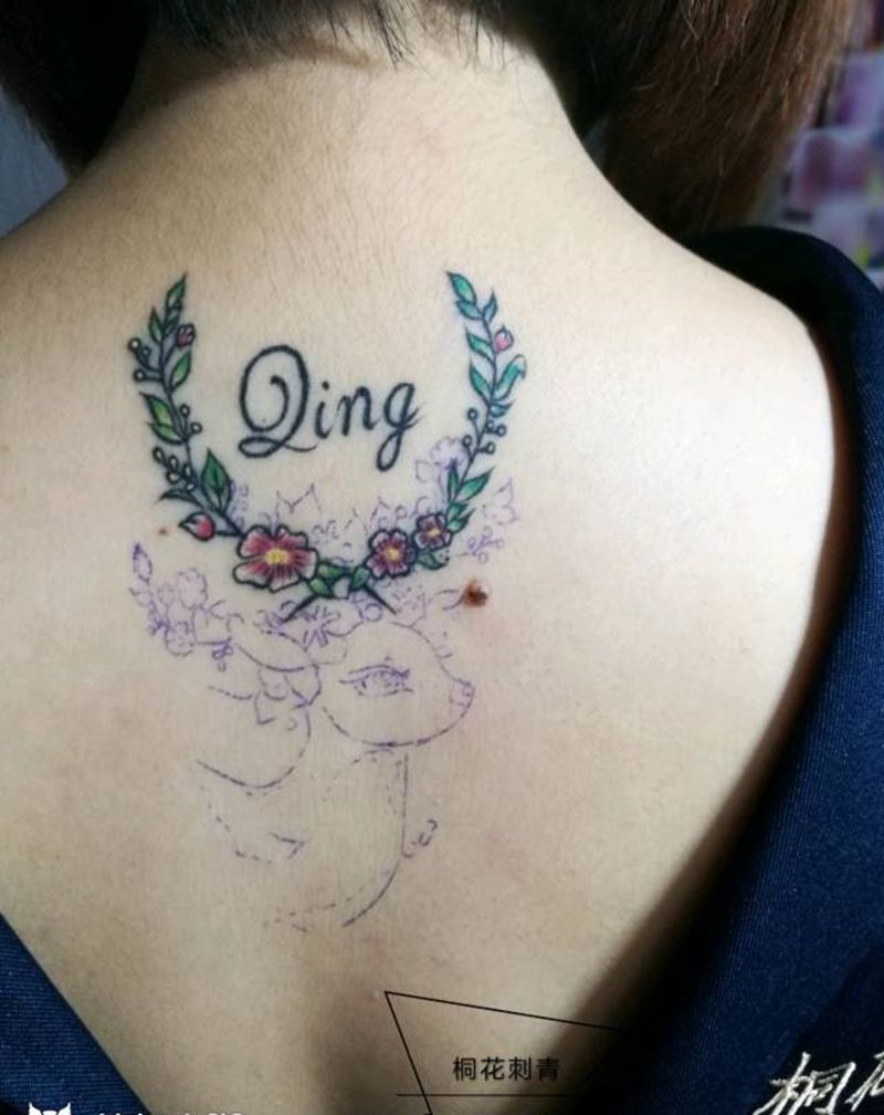 原图添加鹿纹身图片_背部清新动物成品纹身图案