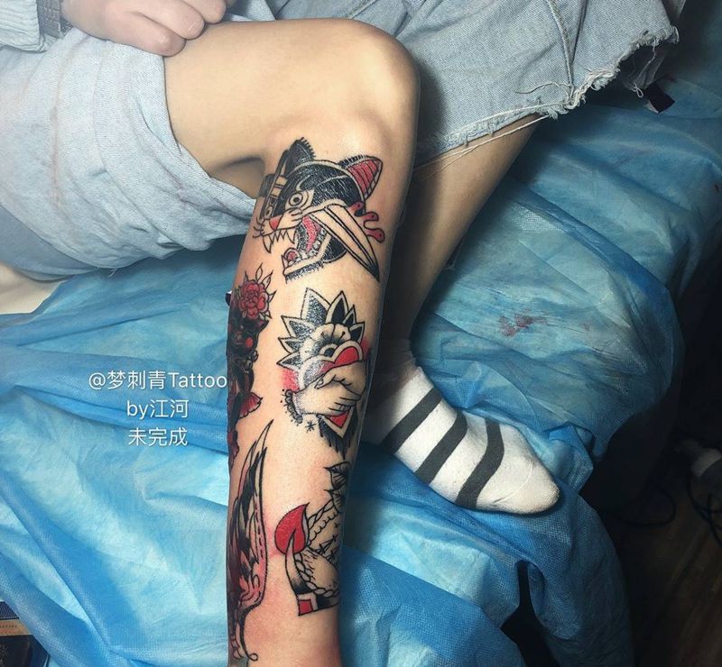 oldschool包小腿纹身图片