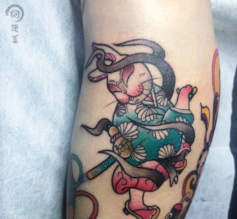 兔子纹身图片_腿部New School纹身图案