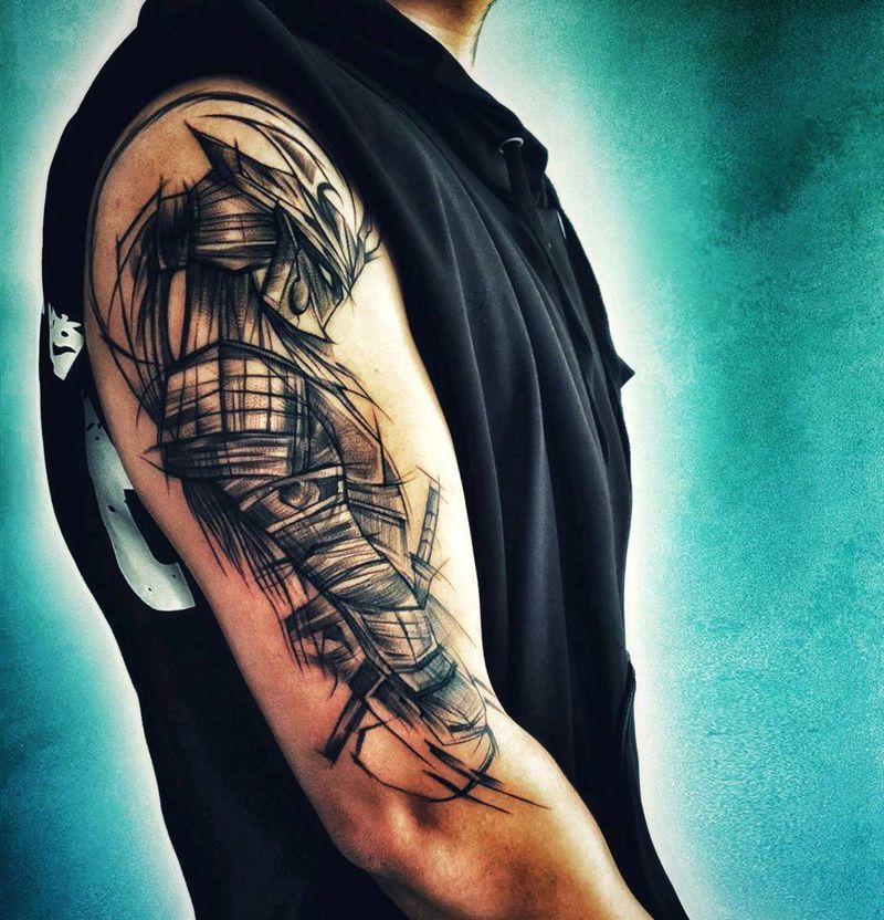 鬼武士纹身图片_手臂点刺纹身图案