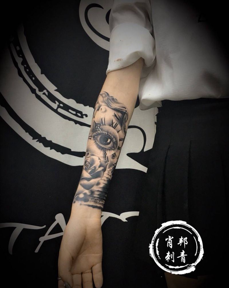 欧美小臂纹身图片_成品手臂欧美人物纹身图案