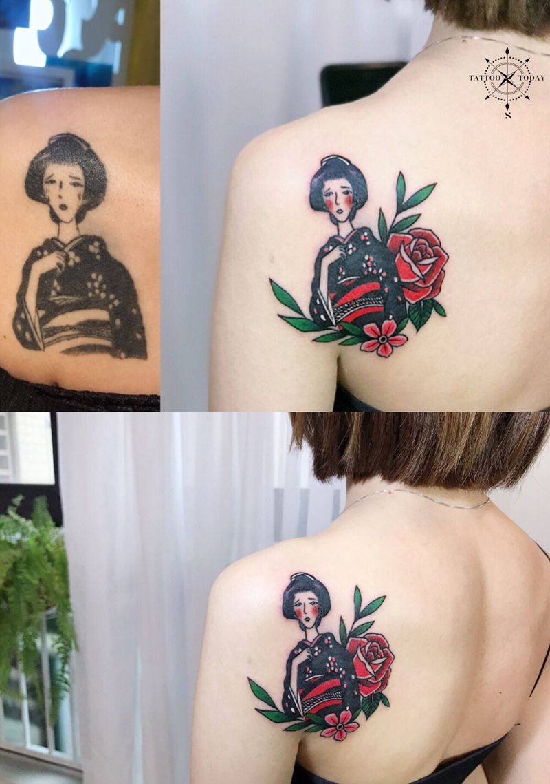 换风格纹身图片_背部Old School修改艺妓纹身图案