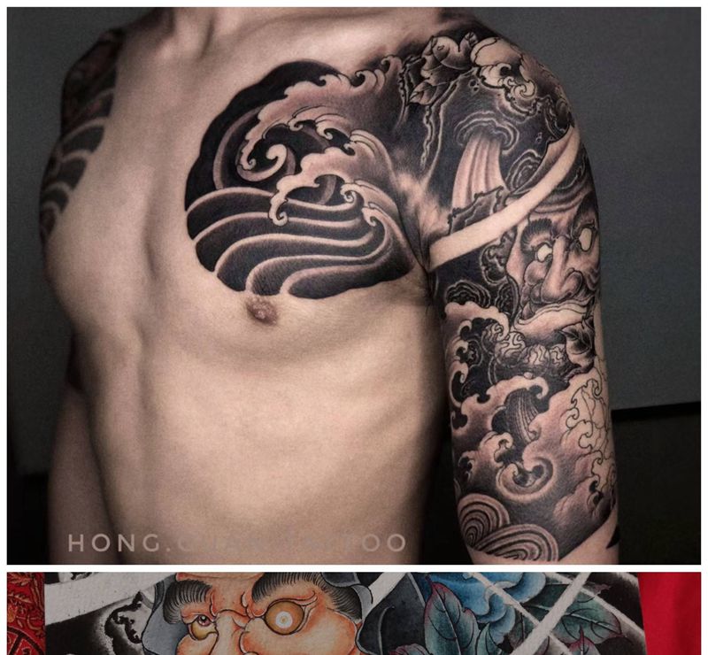 达摩｜黑灰部分纹身图片_手臂新传统达摩牡丹纹身图案