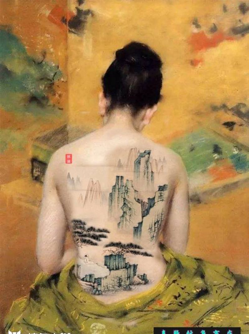 青綠山水纹身图片_背部新传统山水纹身图案