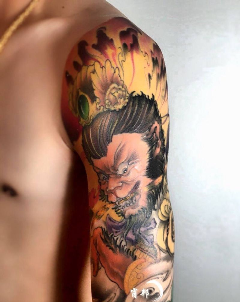 花臂纹身图片_成品手臂传统鬼神纹身图案