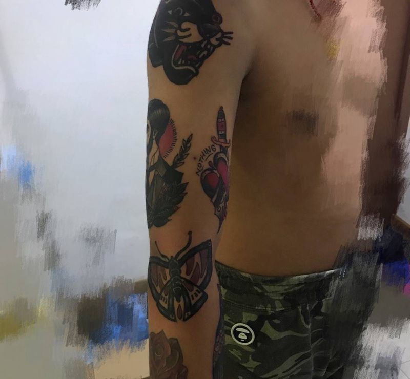 oldschool拼接花臂彩色纹身图片