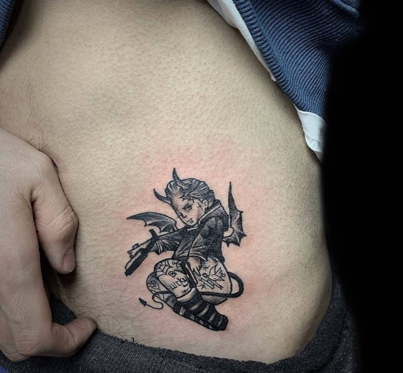 恶魔纹身图片_腹部腰部Old School人物卡通恶魔纹身图案