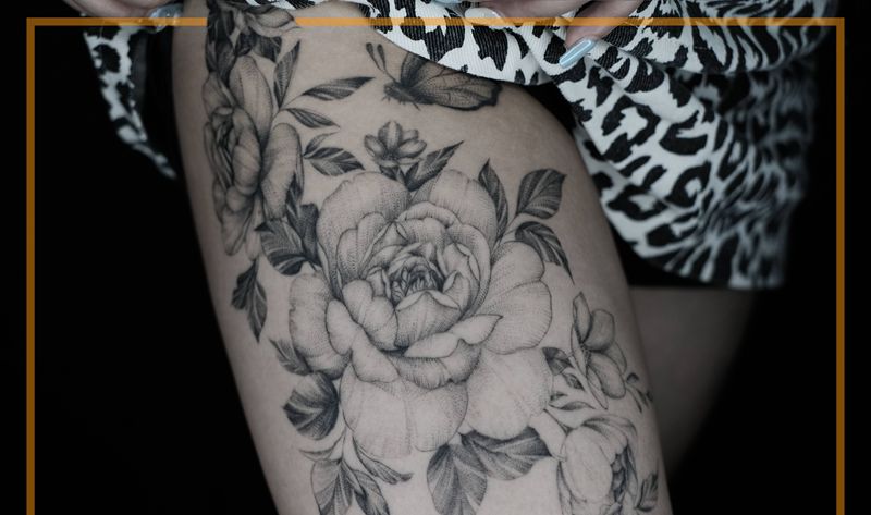 素花纹身图片_腿部纹身图案