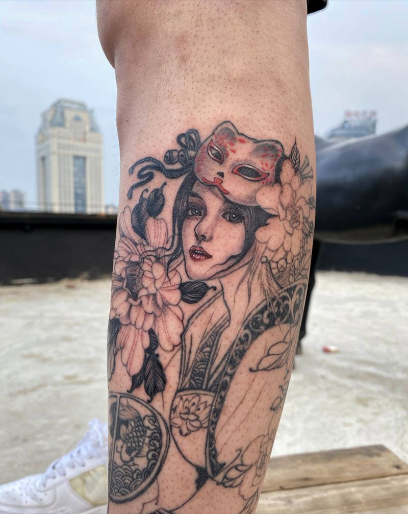 艺妓纹身图片_腿部新传统纹身图案