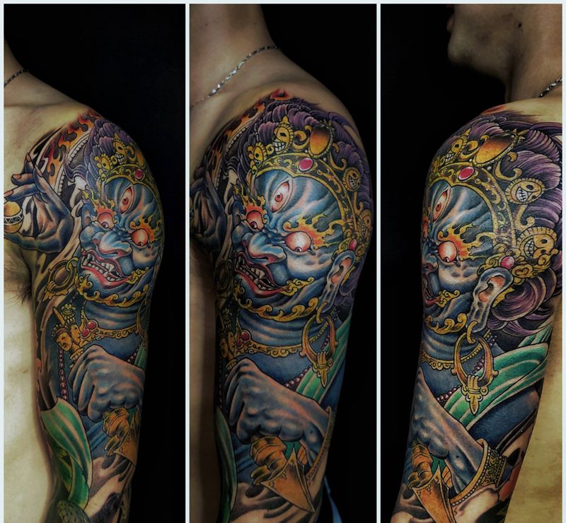 大黑天纹身图片_手臂老传统纹身图案