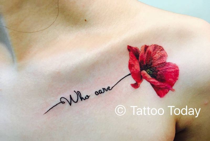 锁骨罂粟花纹身图片_胸部成品写实清新植物字符纹身图案