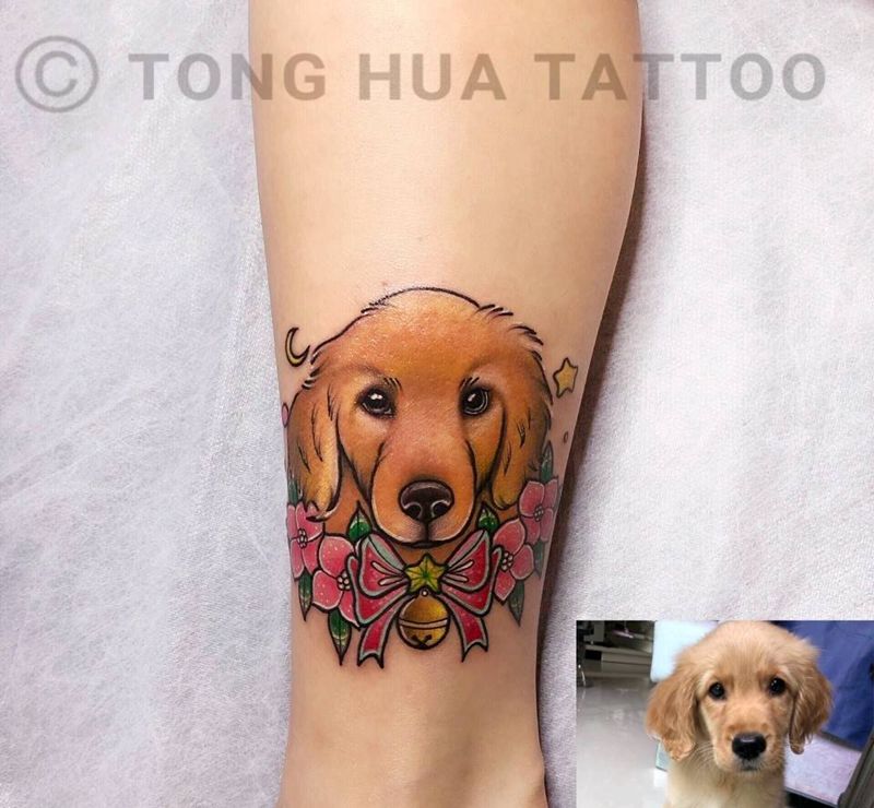 狗狗纹身纹身图片_腿部水彩纹身图案