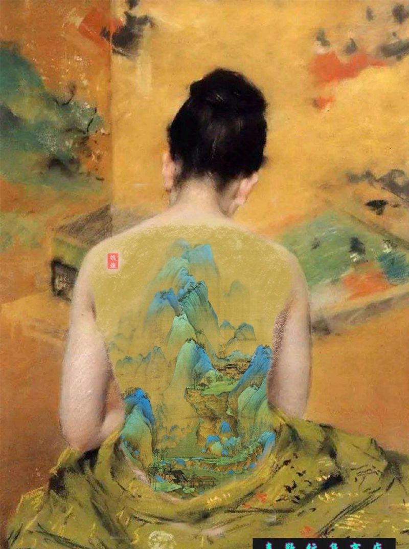 山水3纹身图片_背部新传统水墨山水纹身图案