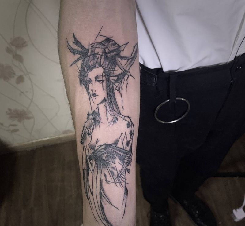 抽象艺伎纹身图片_手臂点刺几何艺伎艺妓纹身图案