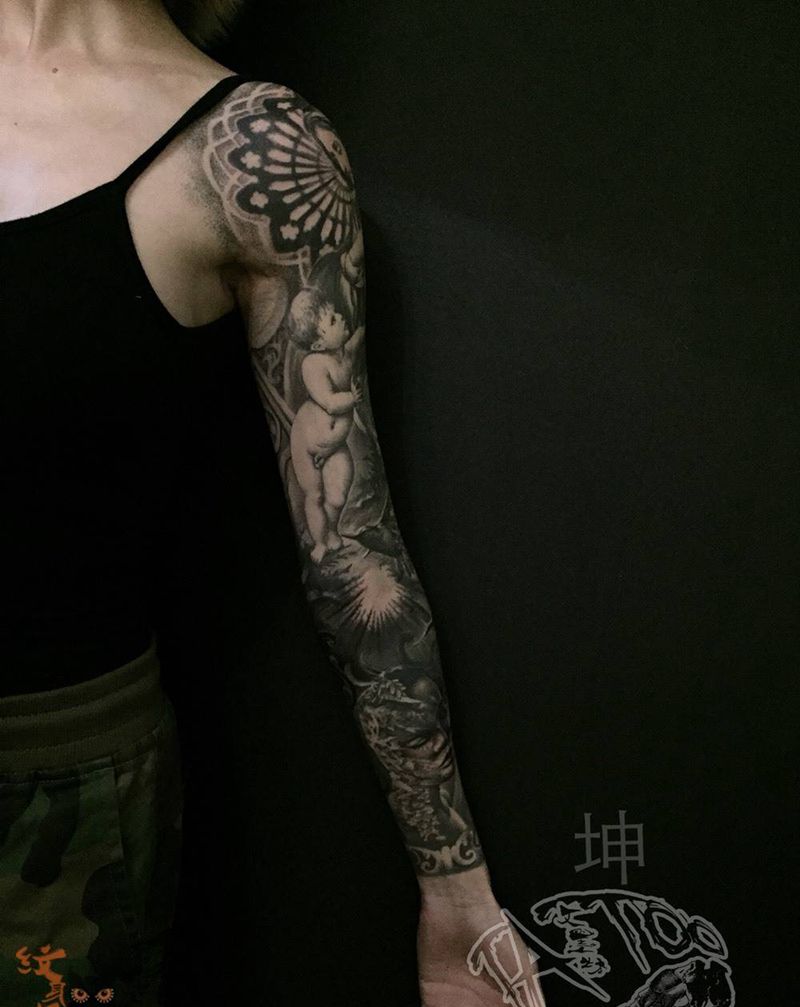 花臂素描纹身图片_手部手臂欧美肖像写实人物静物宗教纹身图案