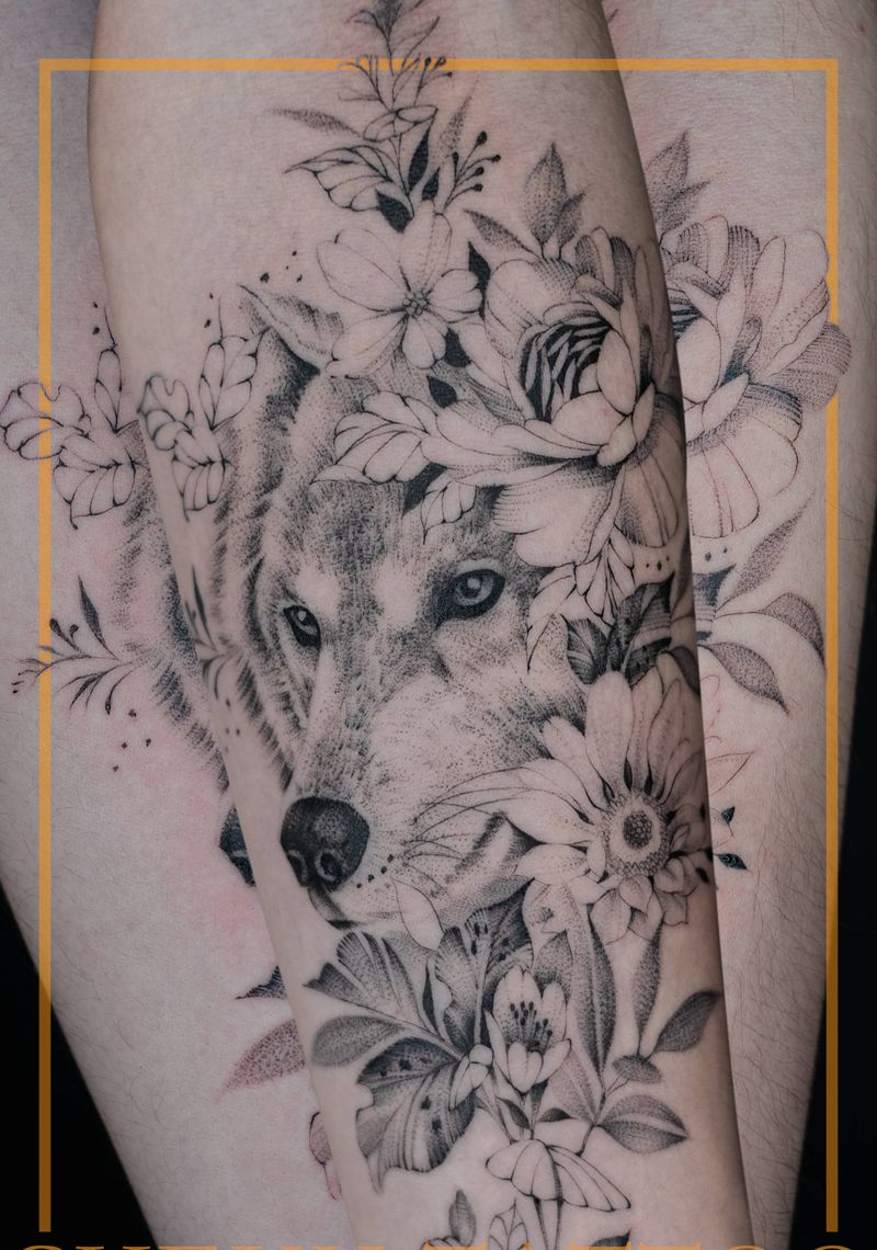 狼◆素花纹身图片_手臂纹身图案