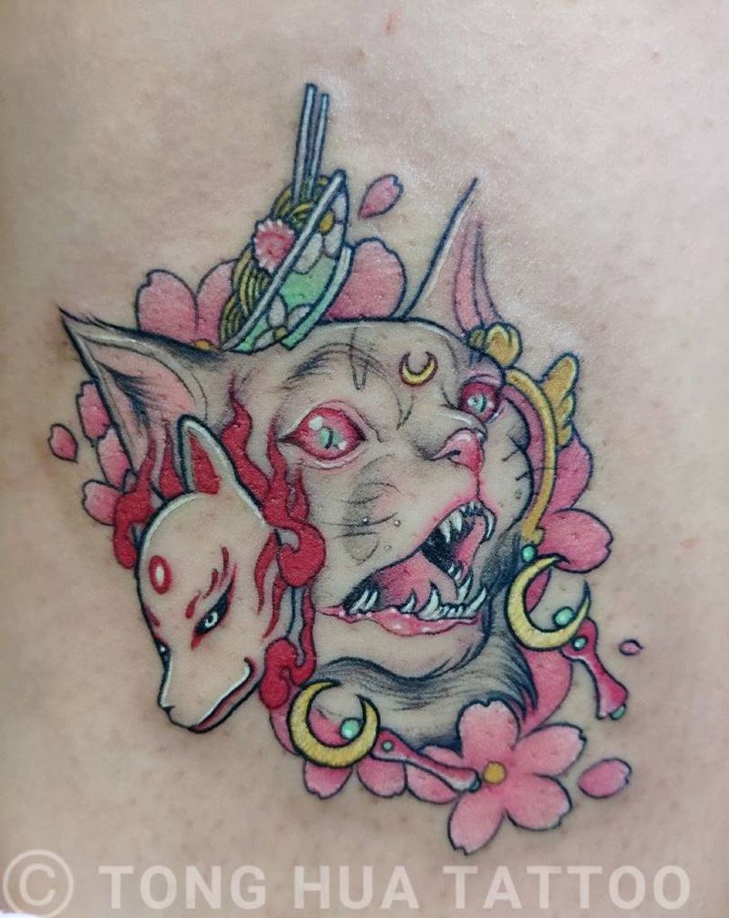 猫纹身图片_腿部新传统纹身图案