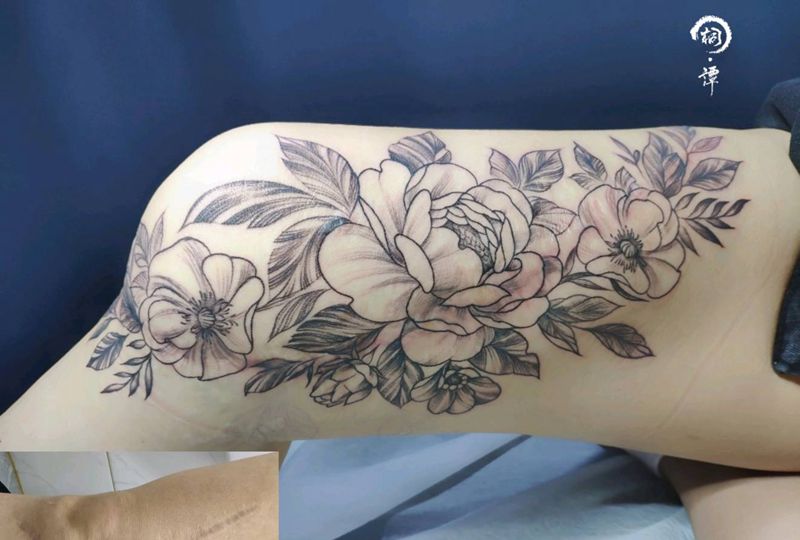 素花纹身图片_腿部点刺纹身图案