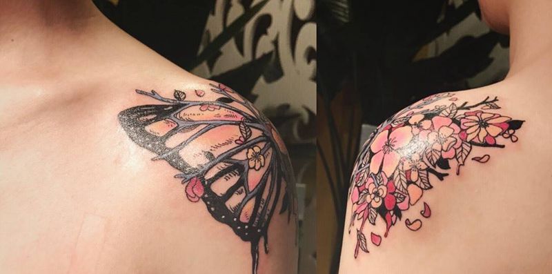 花肩双面蝶纹身图片_成品肩部植物动物清新纹身图案