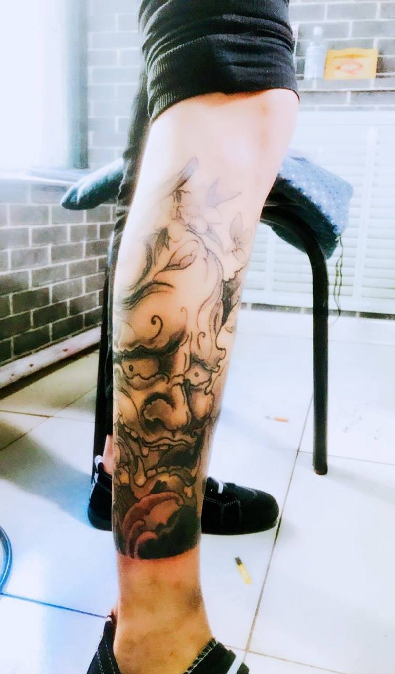 包小腿 艺妓and般若纹身图片_成品腿部传统人物鬼神纹身图案