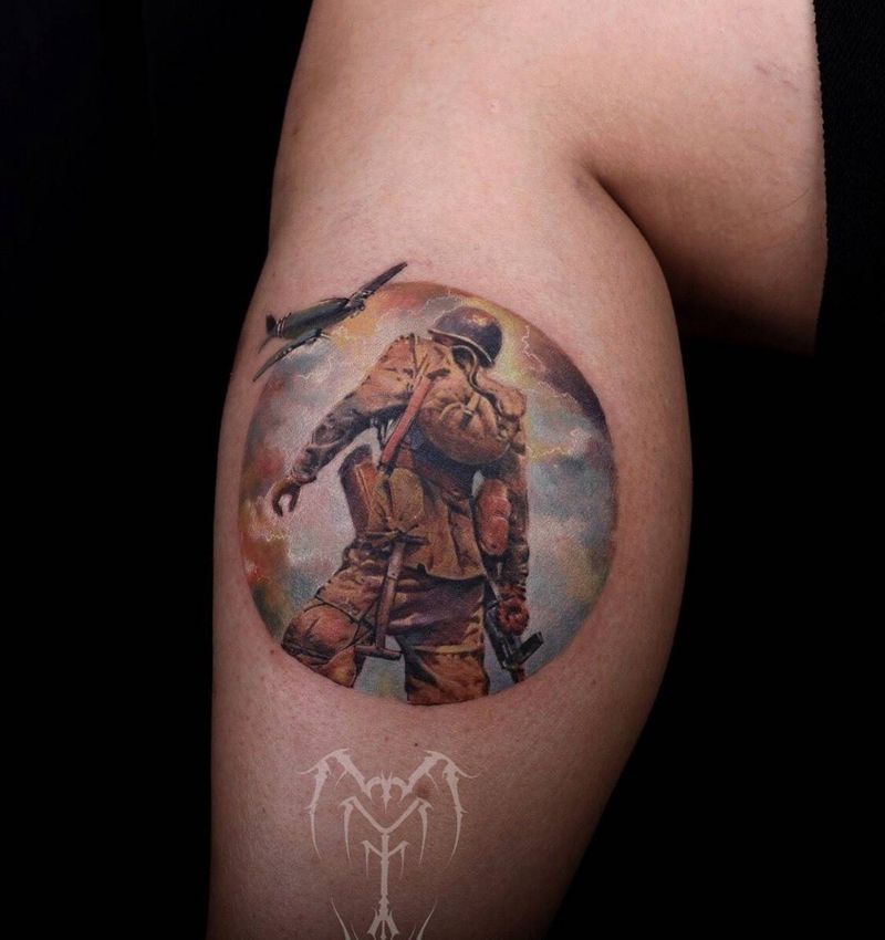 彩色战斗肖像纹身图片_腿部欧美写实纹身图案