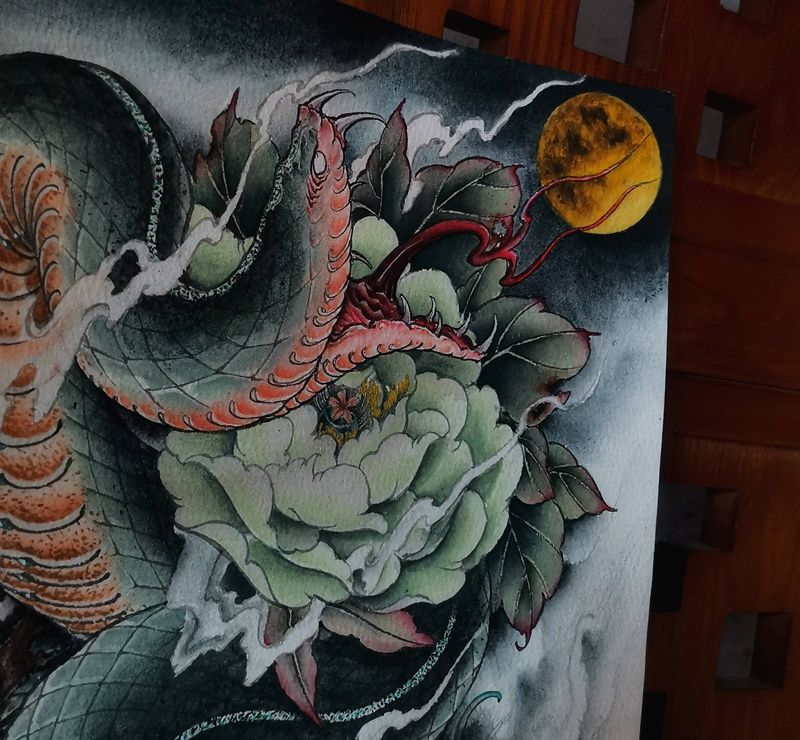 原创蛇｜花臂手稿局部纹身图片_手臂新传统纹身图案