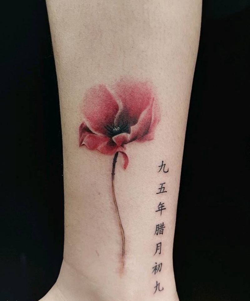 虞美人纹身图片_腿部水彩纹身图案