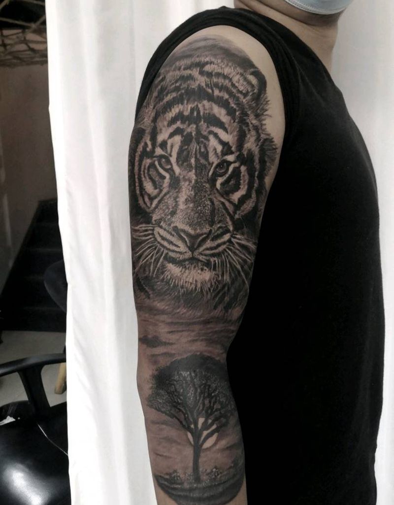 老虎纹身图片_手臂欧美写实老虎纹身图案