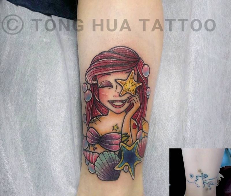 美人鱼纹身图片_腿部水彩纹身图案