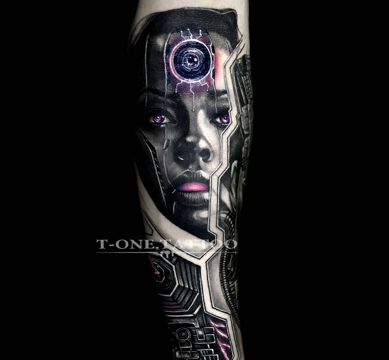 T-one纹身图片_手臂欧美写实暗黑赛博朋克纹身图案