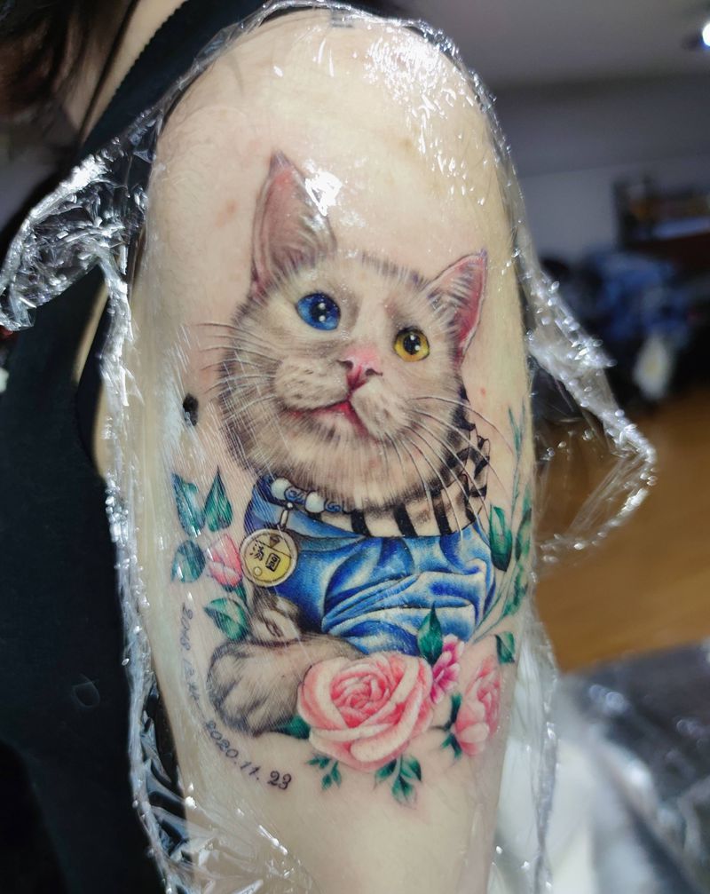 猫咪纹身图片_手臂欧美写实水彩纹身图案