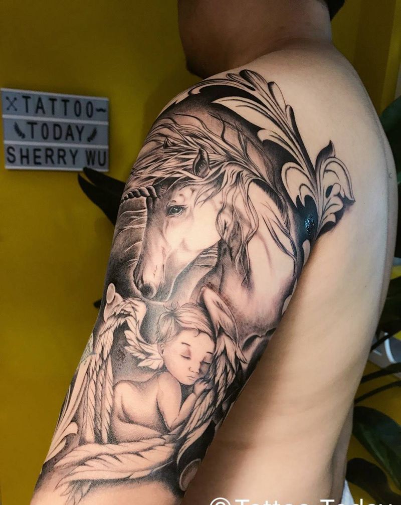 守护小天使的独角兽纹身图片_成品手稿手臂肩部欧美写实肖像人物动物原创纹身图案