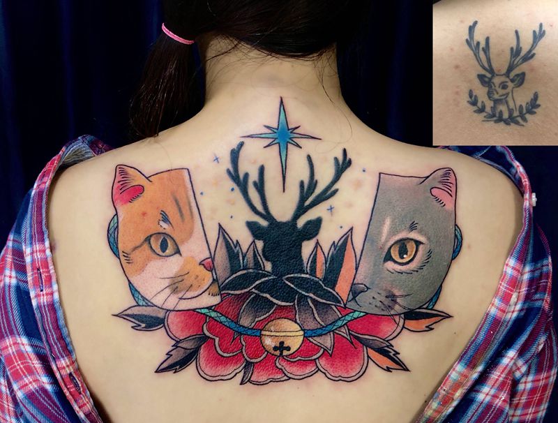猫&遮盖纹身图片_背部New School纹身图案