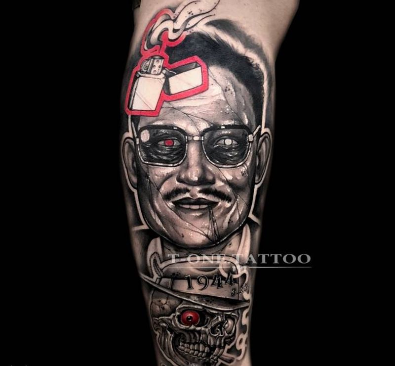 T-one纹身图片_腿部欧美写实暗黑纹身图案