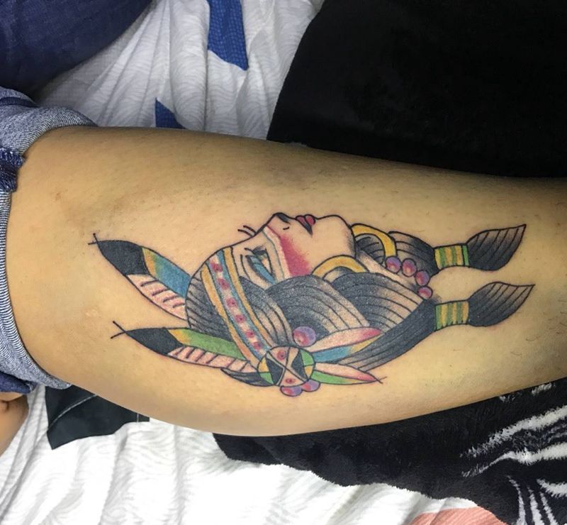 oldschool 印第安女人纹身图片_成品腿部欧美人物纹身图案