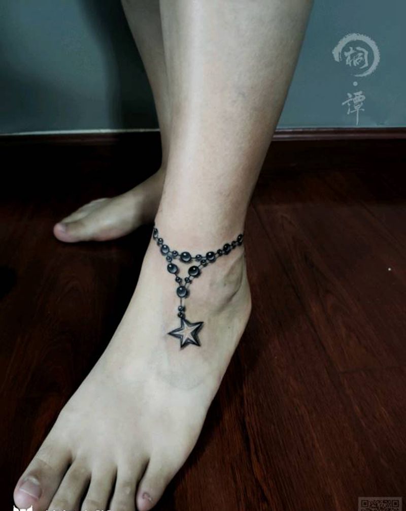 脚链纹身图片_脚部写实原创成品纹身图案