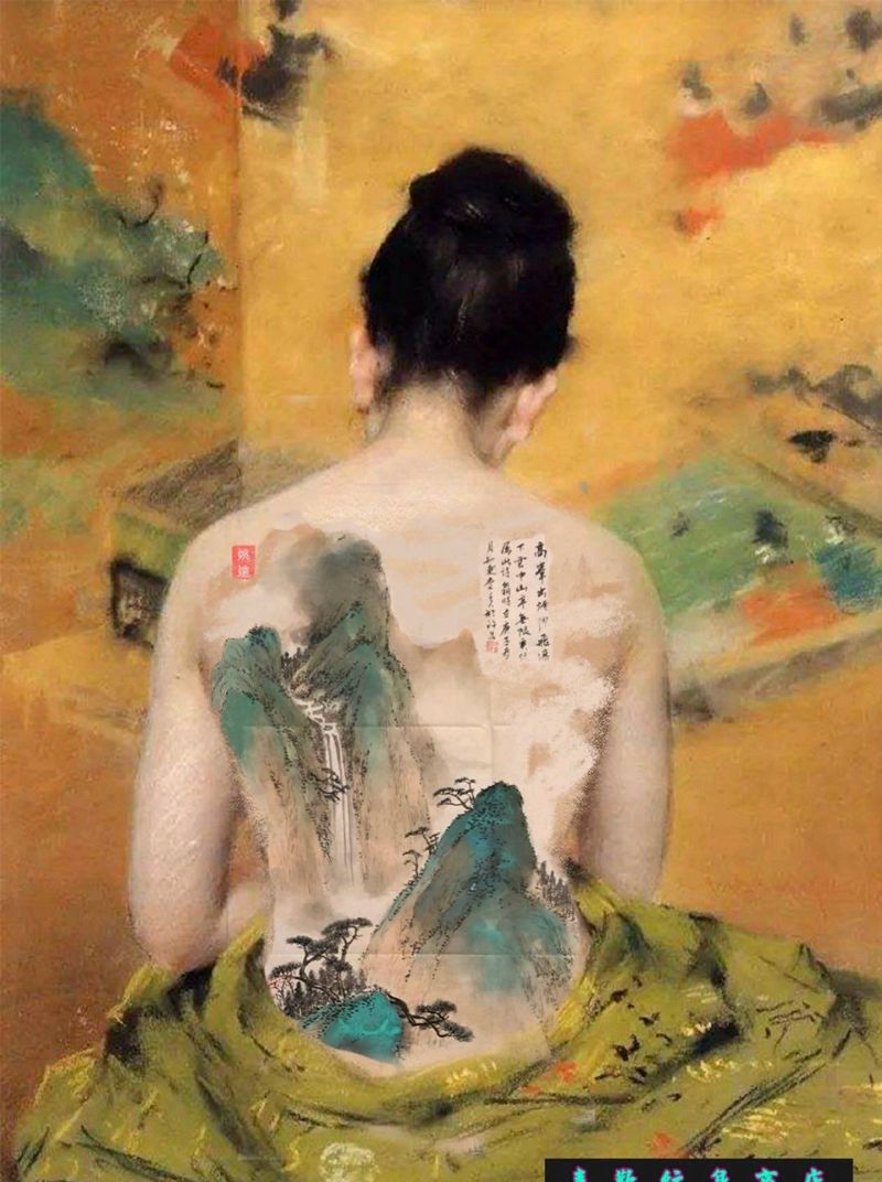 山水2纹身图片_背部新传统水墨山水纹身图案