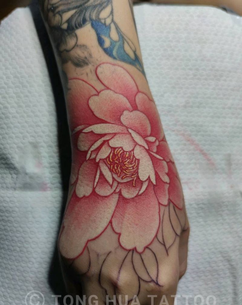 牡丹纹身图片_手部水彩纹身图案