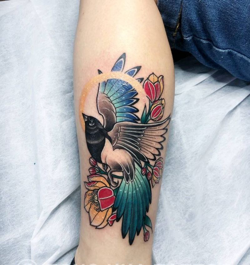 喜鹊纹身图片_腿部New School纹身图案