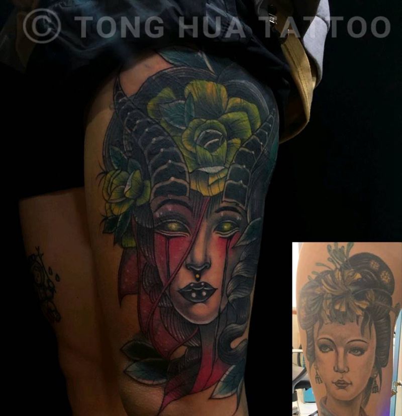 遮盖纹身图片_腿部New School纹身图案