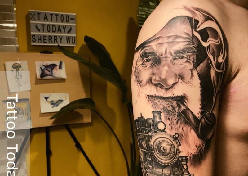 花臂进行时纹身图片_成品手臂欧美肖像原创人物静物纹身图案