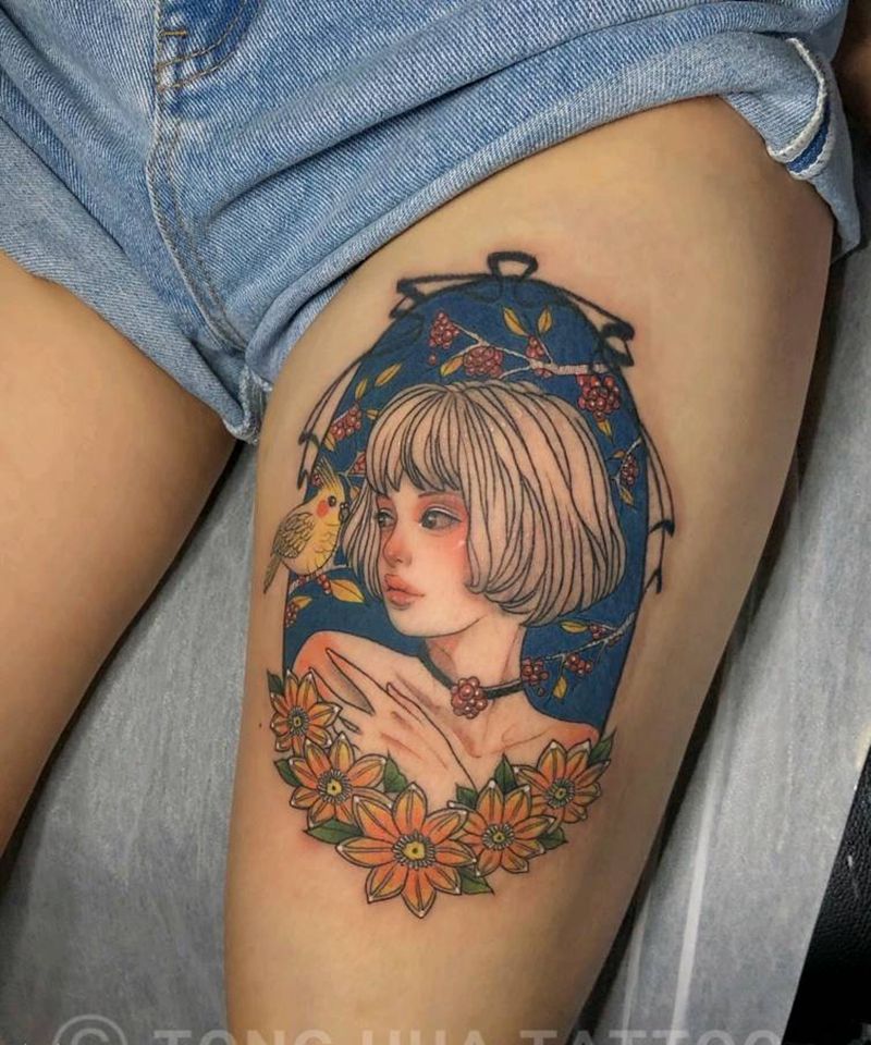 复古女孩纹身图片_腿部水彩纹身图案