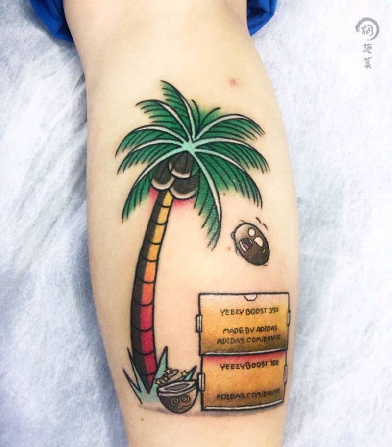 掉落的椰子纹身图片_腿部New School纹身图案
