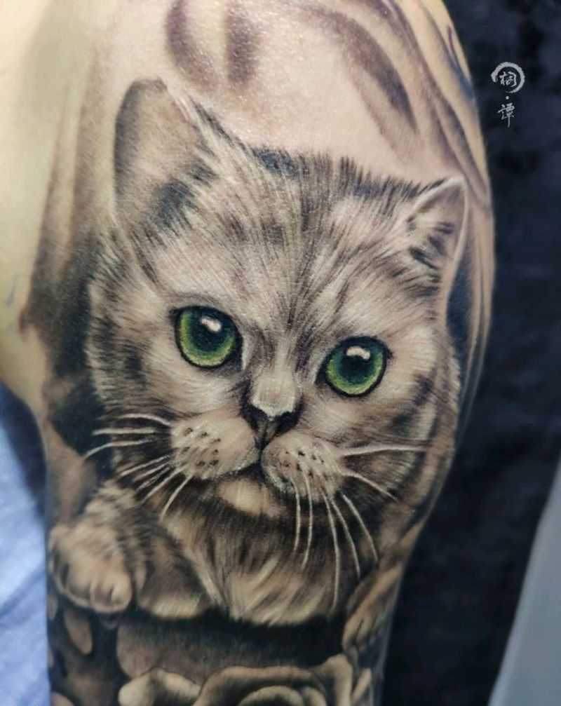 宠物猫纹身图片_手臂欧美写实纹身图案