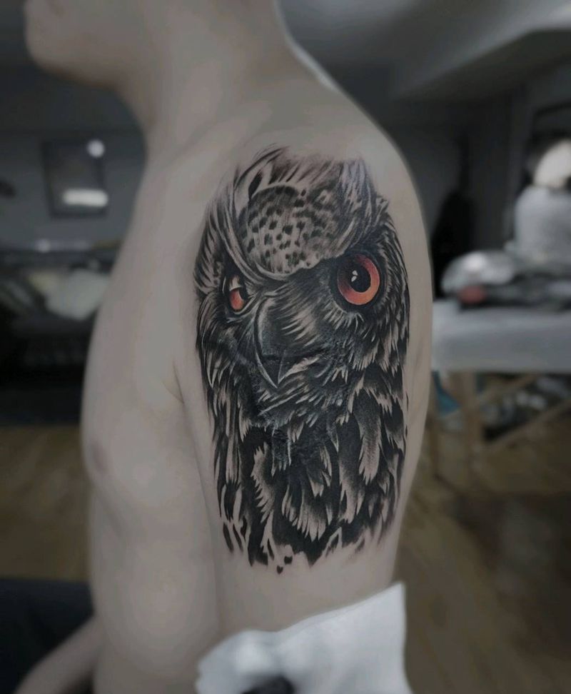 猫头鹰遮盖纹身图片_手臂欧美写实纹身图案