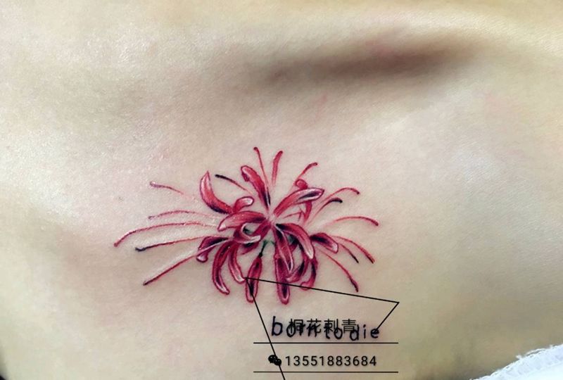 曼珠沙华。彼岸花纹身图片_肩部胸部清新植物纹身图案