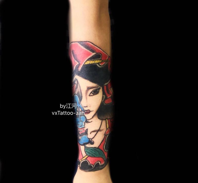 修改艺伎纹身图片_成品手臂传统人物纹身图案
